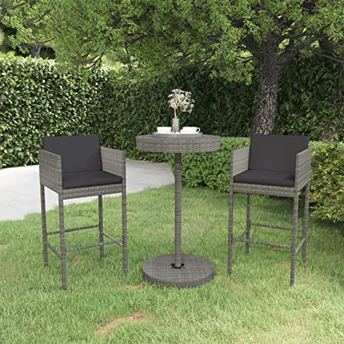 Gecheer 3-TLG. Gartenbar-Set mit Kissen, Runde Bartisch & 2 Poly Rattan Hocker, Gartenmöbel Gartentheke Barhocker Poly Rattan Grau