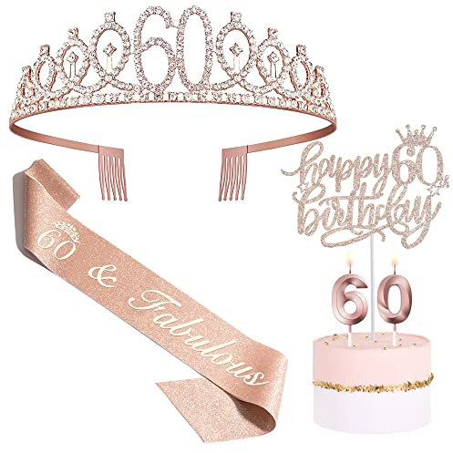 Bella Meri 60 Geburtstag Dekorationen Frauen, einschließlich 60 Geburtstag Krone Tiara, Schärpe, Kuchen Topper und Geburtstagskerzen, Happy 60th Birthday Dekorationen für Frauen