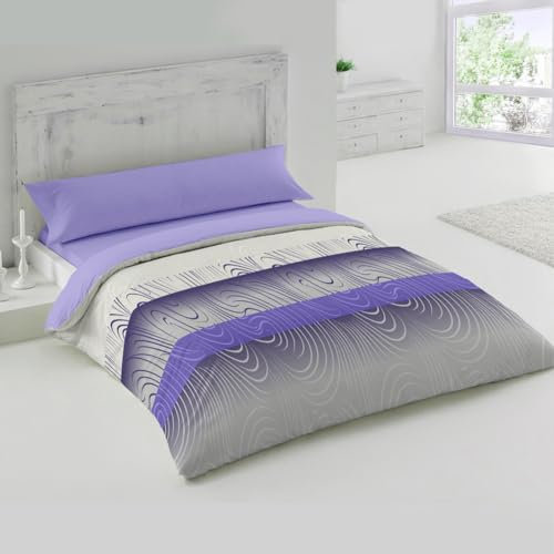 MERCURY TEXTIL- Juego de Funda Nórdica 100% Microfibra Extra Suave, 3 Piezas Funda Nórdica para Edredón + Sábana Bajera + Funda de Almohada con Cremallera Oculta (Odense Lila, Cama 150)