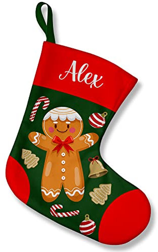 Weihnachtsstrumpf Personalisiert mit Namen für Kinder 2 in 1: Weihnachtskissen & Strumpf für Weihnachten zum Befüllen & Aufhängen mit Kissenfüllung 28 x 25 x 17 cm Motiv Lebkuchen Kekse [156]