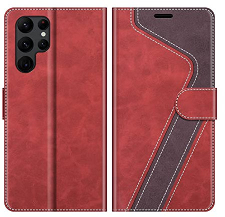 MOBESV Hülle für Samsung Galaxy S22 Ultra 5G Handyhülle, Lederhülle mit Kartenfach, Klapphülle mit Ständer, Flip Case Handytasche Schutzhülle, Modisch Rot