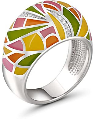Jeulia Damen Sterling Silber Ring Mehrfarbig Emaille Blumen Geometrisch Diamant Band Ring für Frauen Mädchen Breiter Ring Party Schmuck Personalisierte Anniversary Geschenk (53（16.9）, Geometric-3)