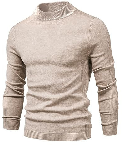 Cooleep Mens Turtleneck Jumper Sweater Slim Fit Knitted Jumpers Thermal Long Sleeve Roll Neck Tops for Men Beige M