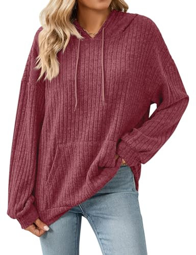 Gemulate Womens Long Sleeve Tops Ladies Lightweight Knit Jumpers with Hood Casual Striped Sweaters Sweatshirts Tshirt Red Medium