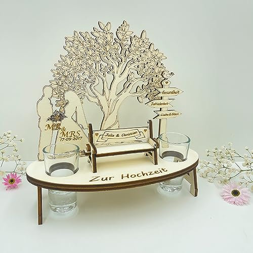Hokulight personalisierte Schnapsbank aus Holz mit Brautpaar und Lebensbaum, Hochzeitsgeschenke für Brautpaar personalisiert