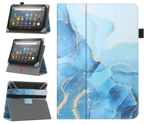 HoYiXi Custodia universale per 7-8 pollici Samsung Galaxy Lenovo Huawei Fire Tablet Cover protettiva regolabile in due posizioni con supporto e cinturino da polso - marmo blu