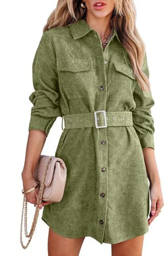 Uusollecy Blusenkleid Damen Corduroy Langarm Hemdkleid mit Gürtel, Minilänge Cordkleid mit Tasche und Knopfleiste Grün L