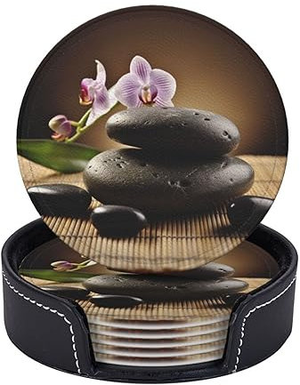 Untersetzer für Getränke, 6er-Set, Lederuntersetzer mit Halter, Zen-Stein-Getränkeuntersetzer, runde Tassenunterlage zum Schutz der Tischplatte, Tassenuntersetzer-Set für Heimdekoration, 10,2 cm