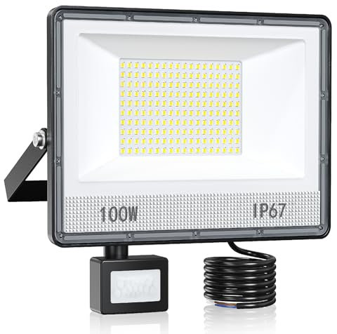 100W Projecteur LED Exterieur Detecteur De Mouvement, 10000LM 180 LEDs Spot LED Extérieur Detecteur De Mouvement, IP67 Étanche 7000k Blanc Froid Eclairage Exterieur pour Jardin, Garage, Usine, Cour