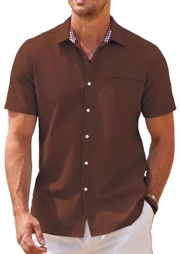 COOFANDY Men's Shirts Short Sleeve Casual Button Down Shirts Summer Oxford Shirt Dress Chambray Shirt with Collar Regular Fit Brown S
