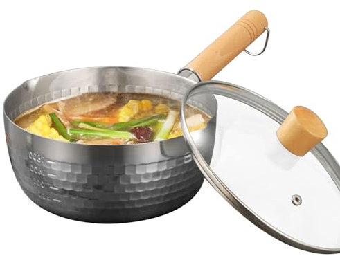 RSBFER Yukihira-Pfanne aus Edelstahl, traditioneller japanischer Antihaft-Topf mit Holzgriff zum Kochen, Nudeln, Suppen, heiße Milch,22cm/8.7in