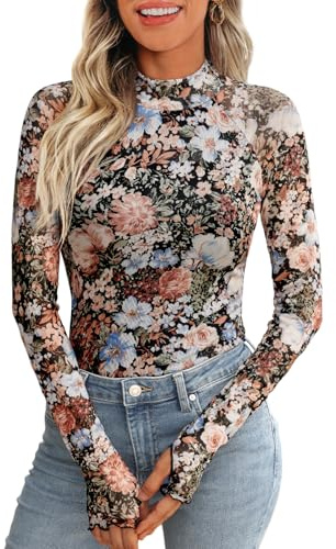 Dealmore Lace Long Sleeve Floral Mesh Mockneck Going Out Tops for Women Fashion Fall Outfits 2024, Floral Fierce, M