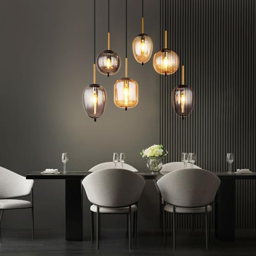 GLOBO Hängeleuchte 6 Flammig Esszimmerleuchte Glas amber Wohnzimmerleuchte rauch, messing Metall schwarz, 6x 6W 6x 380lm warmweiß, LxBxH 80x34x120 cm