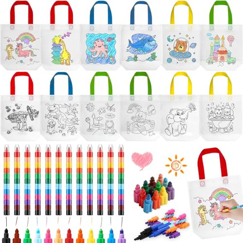 YeahBoom Taschen zum Bemalen für Kinder,12 Stück Stoffbeutel zum Bemalen für Kinder und 12 Stück Stapelbare Wachsmalstifte(12 Farben),DIY Kinder Stoffbeutel Set,DIY Graffiti Non-Woven Stoffbeutel