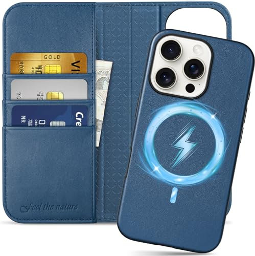 SHIELDON Case for iPhone 16 Pro, Genuine Leather Detachable Wallet Case [RFID Blocking][Card Holder][Kickstand] Magnetic Protection Removable Folding Cover Compatible with iPhone 16 Pro - Royal Blue