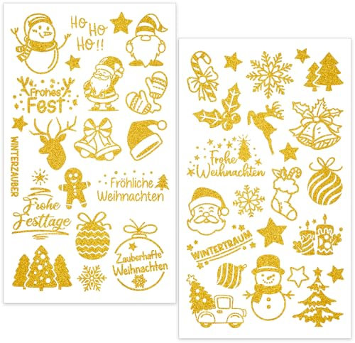 Sticker Weihnachten - 8 Bogen Glitzer Gold Frohe Weihnachten Aufkleber Kinder - Weihnachtssticker Selbstklebend zum Basteln und Dekorieren für DIY Scrapbooking Geschenk
