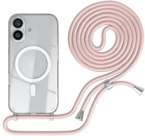 EAZY CASE - Handykette kompatibel mit iPhone 16 Kette zum Umhängen Stoßfest Handyhülle für Apple iPhone 16 Silikon Hülle mit Band Handytasche Transparent als Fallschutz in Rosé-Gold