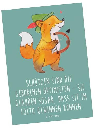 Mr. & Mrs. Panda Postkarte Schütze Optimist - Geschenk, Geschenke Sternzeichen, Fotokarte, geborene Optimisten, Ansichtskarten, Optimismus, Schütze-Lebensstil, Astrologie, Ansichtskarte, Grußkarte