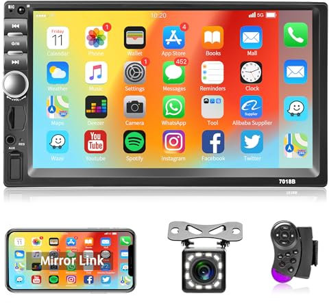 Rimoody Radio de Coche 2 DIN con Bluetooth Freisprecheinrichtung iOS/Android Mirror Link 7 Pulgadas Radio Coche con Bluetooth FM Radio USB/AUX/TF Controles del Volante Cámara Trasera