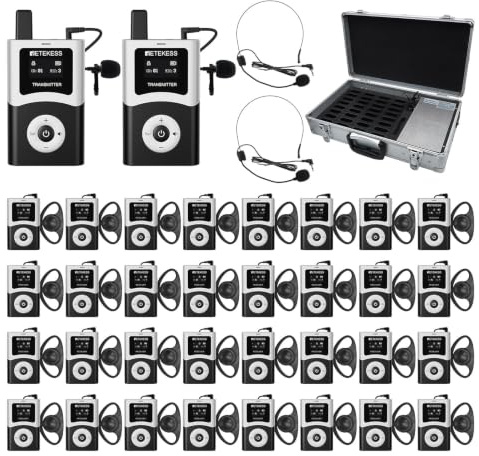 Retekess T130U (T130 4rd) Tour Guide System, Reiseleiter Set (2-32) | U-Segment Digital übertragung, 2 Sender und 32 Empfänger, 200 m, Ladekoffer mit 32 Steckplätzen, Für Reisebüros