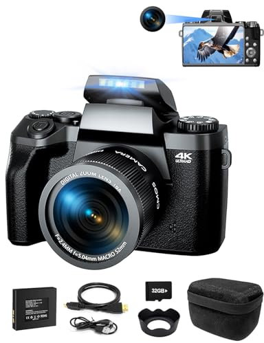 Ade Fotocamera digitale 4K 64MP con Touchscreen da 4,0'', zoom 16x, Fotocamera Digitale Compatta con obiettivo grandangolare e macro, WiFi, borsa per fotocamera, Obiettivo anteriore e posteriore