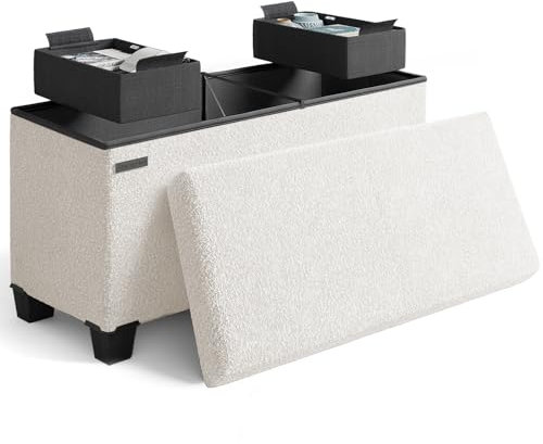 STORAGEBUD Storage Ottoman Bench, 30 Inch Storage Bench for Bedroom End of Bed, Foldable Large Ottoman Foot Rest, Entryway Bench with Storage, Boucle Storage Chest Max 660lbs, White