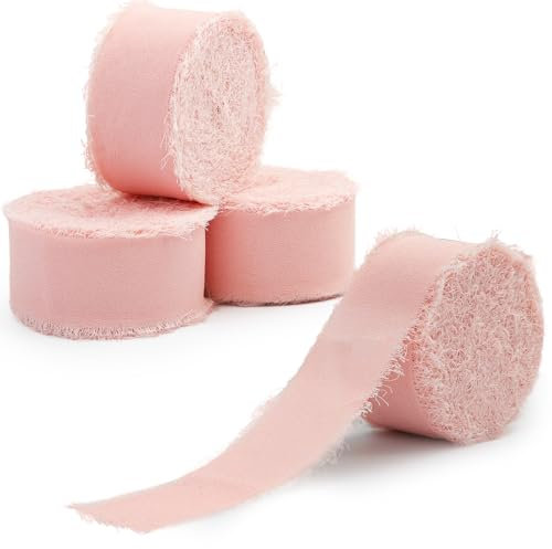 Votoko Chiffonband Rosa Breit, 2,5 cm x 40,0 m Geschenkband Hochzeit Rosa, 4 Bände Handgefertigtes Pinkes Chiffonband, Seidenband für Hochzeitseinladungen, DIY Arbeiten und Brautsträuße
