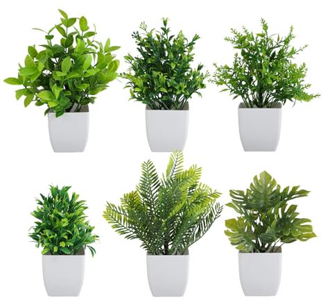 6 Pequeñas Planta Artificial Pequeña - Plantas Decorativas de Plástico 6.5 x 6.5 x 20cm - Material Plástico - para Decoración Interior - Adecuadas para Dormitorio, Baño, Cocina, Oficina (Verde)