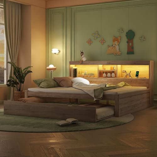 Holzbett 140x200 mit LED Beleuchtung und Ausziehbett, Funktionsbett mit Staufach, Steckdose und USB Ladefunktion, Kinderbett Jugendbett Bettgestell Tagesbett Gästebett Daybett, ohne Matratze, Natur