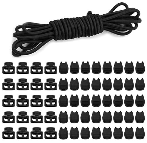 Zydiwo Elastiche Gummischschnur 3mm x 10m Nero Cordone in Nylon con 40 Clip per Cordoncino 20 Fermacorda 2 Fori per Pantaloni Sportivi Scarpe Zaino (Nero)