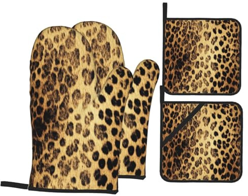 4 Pcs Black Leopard Print Oven Mitts and Potholders,Kitchen Oven Glove with Pot Holders,Non-Slip Gloves High Heat Resistant 500 Degree for BBQ, Grill, Baking, Cooking, Oven, Microwave