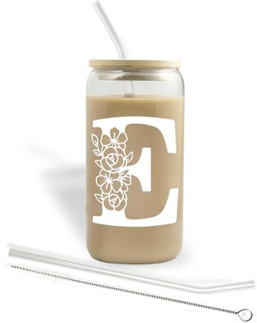 Bliceon Personalized A-Z Initial Glass Cups, Birthday and Christmas Gifts for Women, for Mum, Friends and Sisters - Iced Coffee Cup Gift with Lids and Straws