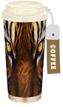 SKYSHU Tiger Eyes 500ml/17oz Insulated Travel Coffee Mug with Lid Straw, Spill & Leak-Proof Tumbler with Handle Strap Reusable Stainless Steel Water Bottle for School, Office