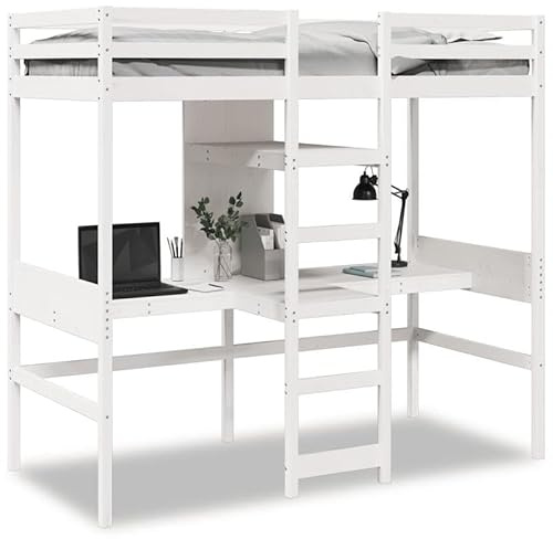 Eleganz Lit mezzanine, sans matelas, 90 x 200 cm, blanc, en pin massif, pour enfant, avec toboggan ou bureau, durable et stable, pour les petits espaces