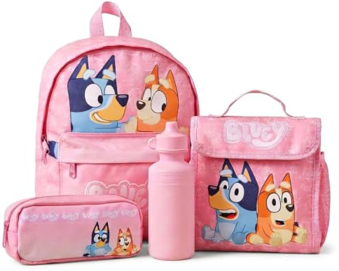 Bluey & Bingo Kids Backpack Lunch Bag Pencil Case & Water Bottle Set Girls Nursery Rucksack Back to School Girls Set Pink