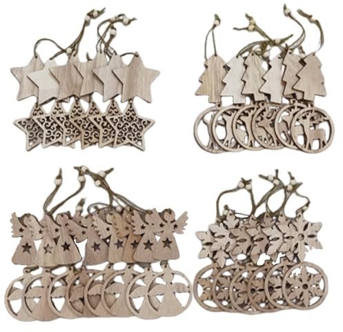 52 Stück Tannenbaumschmuck Holz-Anhänger Set, Holz-Christbaumschmuck, Hirsch Engel Sterne Schneeflocke Weihnachtsbaum-Anhänger zum Aufhängen, Weihnachtsdekoration