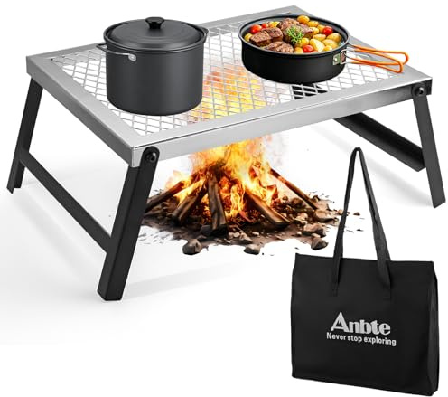 Anbte 41 cm x 18 cm Folding Campfire Grill, Heavy Duty Steel Mesh Grate Chrome Finish with Folding Legs, Portable Campfire Cooking Equipment for Camping Outdoor BBQ Cooking Open Fire Backyard, Silver
