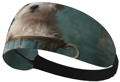 Elastic Sports Headband Hairband XBKGOHA Little white dog in teacup Printed Soft, Breathable, Quick-Dry
