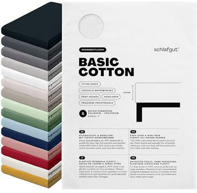 schlafgut Basic Cotton Spannbettlaken 90x200 cm 100% Baumwolle, Full-White | Bettlaken, Spannbetttuch 100x200, 90x190 cm, Weiß, Jersey, bis 22 cm Steg, Made in Green, atmungsaktiv