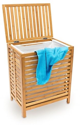 Wäschetruhe Bambus mit Deckel 100L – Moderner Wäschekorb Holz mit Herausnehmbarem Wäschesack, luftdurchlässig, Stabil, ideal für Bad, Schlafzimmer & Waschküche