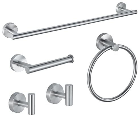 Níquel Cepillado Juego de 5 Piezas SUS304 Acero Inoxidable Toallero Barra de 60 cm Toallero Anillo Gancho Albornoz Montaje en Pared Accesorios de Baño para Baño Moderno