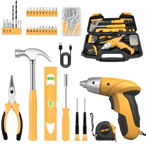Werkzeugkoffer Set mit Kleinem Akkuschrauber 3,6V - Werkzeugkiste Bestückt 112tlg Werkzeug - USB-aufladbares Bohrsatz Werkzeugkiste für Heimwerker, Büros und Garten