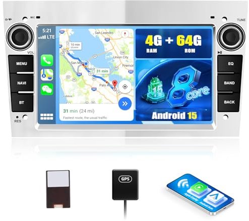 SIXWIN 8-Core 4+64G Android 15 Radio Coche para Opel Corsa d/Astra h/Zafira b/Meriva con CarPlay Android Auto DSP,7 Pulgadas Pantalla Táctil con WiFi GPS Bluetooth 5.0 RDS/FM 32EQ Mirror Link (Plata)