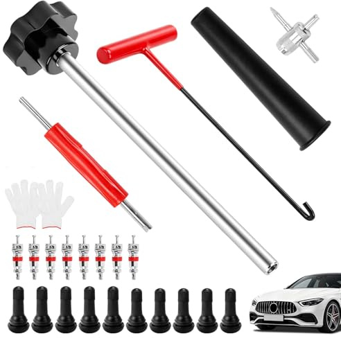 Reifenventil Werkzeug Set,24 Stück Werkzeug Ventilkern Reparatur,Ventilentferner & Reparatur Kit,Inklusive Stangenzieher, Kupplungswerkzeug,Ventilkernschlüssel und Ventilschaft für Auto,LKW,Motorrad