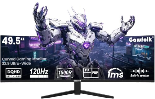 Gawfolk 49 Super Ultrawide 5K Curved Gaming Monitor, 5120x1440 DQHD 120Hz 1500R VA Panel, 32:9 Display with Built-in Speakers, Height Adjustable Stand, RGB Light, PBP/PIP, G-Sync & FreeSync, Black