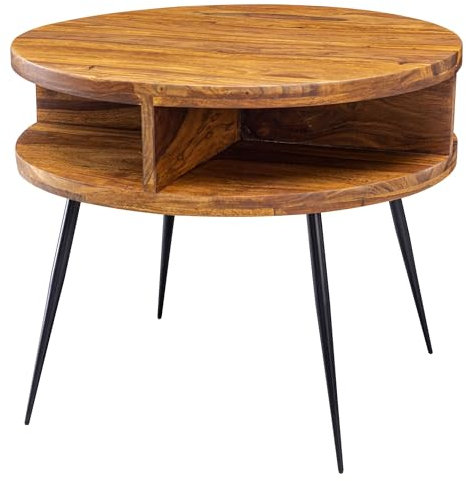 Wohnling Couchtisch Sheesham Massivholz/Metall 60x45x60 cm Tisch Wohnzimmer, Design Beistelltisch mit Ablage, Kleiner Wohnzimmertisch Rund Braun