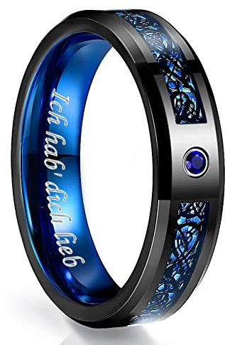 NUNCAD 6mm Keltischen Drachen Ring für Herren Damen mit Blau Kohlefaser Schwarz Wolframcarbid Partnerringe Verlobungsring Freundschaftsring Hochzeitsring Größe 54.4