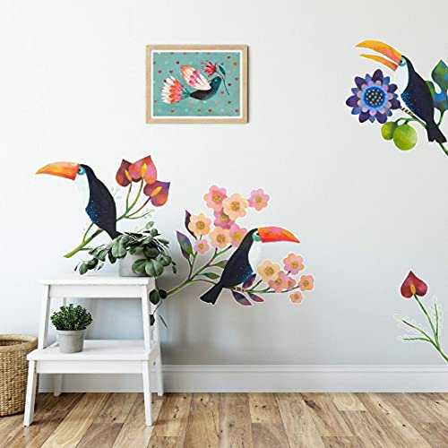 Blumen Märchen Tukan Papagei Wandtattoo Kinderzimmer 81x70cm Wandsticker Küche selbstklebend Wand Boho Deko Aufkleber