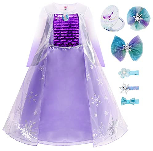 Monissy Robe de Princesse Elsa Reine des Neiges Cartoon Robe de Enfant Fille Déguisement Tulle Paillettes Manches Dégradé Cape Neiges Imprimé Tenue Représentation Halloween Noël, Violet, 140