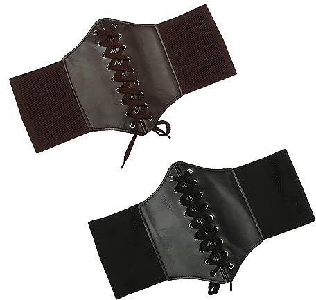 peiyee Damen Corset Belt Korsett 2 Stücke, Mittelalter Schnürkorsett Gebundener, Schwarz & Braun Frauen Tied Waspie Gürtel, Klettverschluss Taillenkorsett Ledergürtel Passend für Damen Korsett